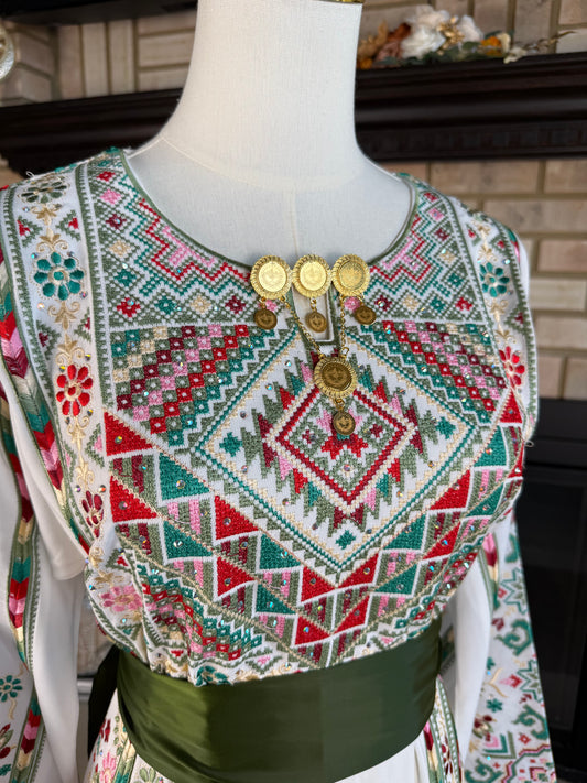 White/Olive Green Al-Karmil Thobe