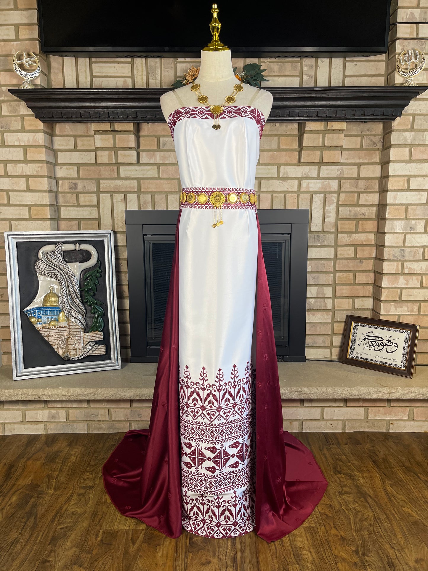 White/Burgundy Satin Bridal Thobe