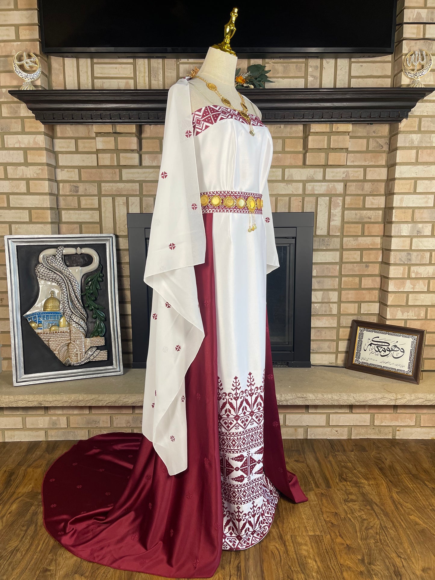 White/Burgundy Satin Bridal Thobe