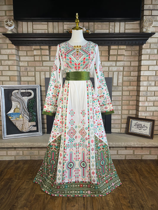 White/Olive Green Al-Karmil Thobe