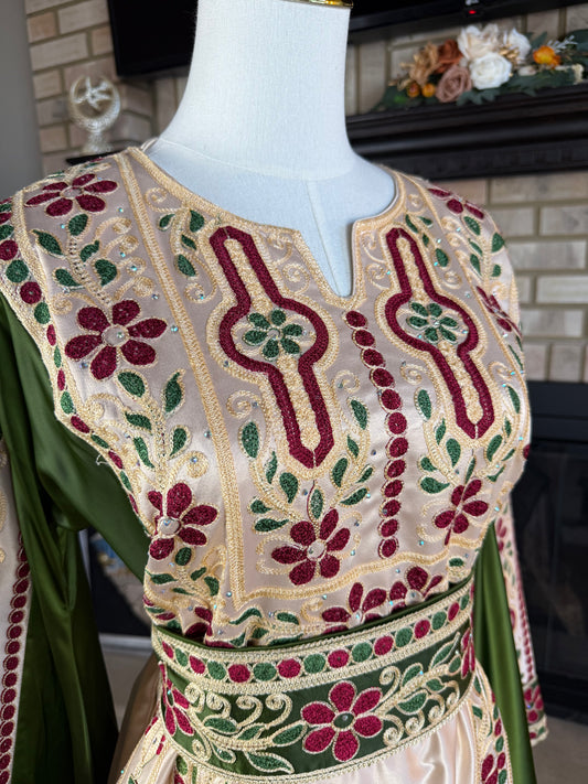 Cream/Green Aghabani All-Satin Malaka Thobe