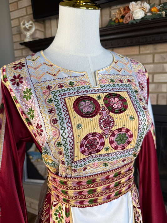 White/Red Bridal All-Satin Malaka Thobe