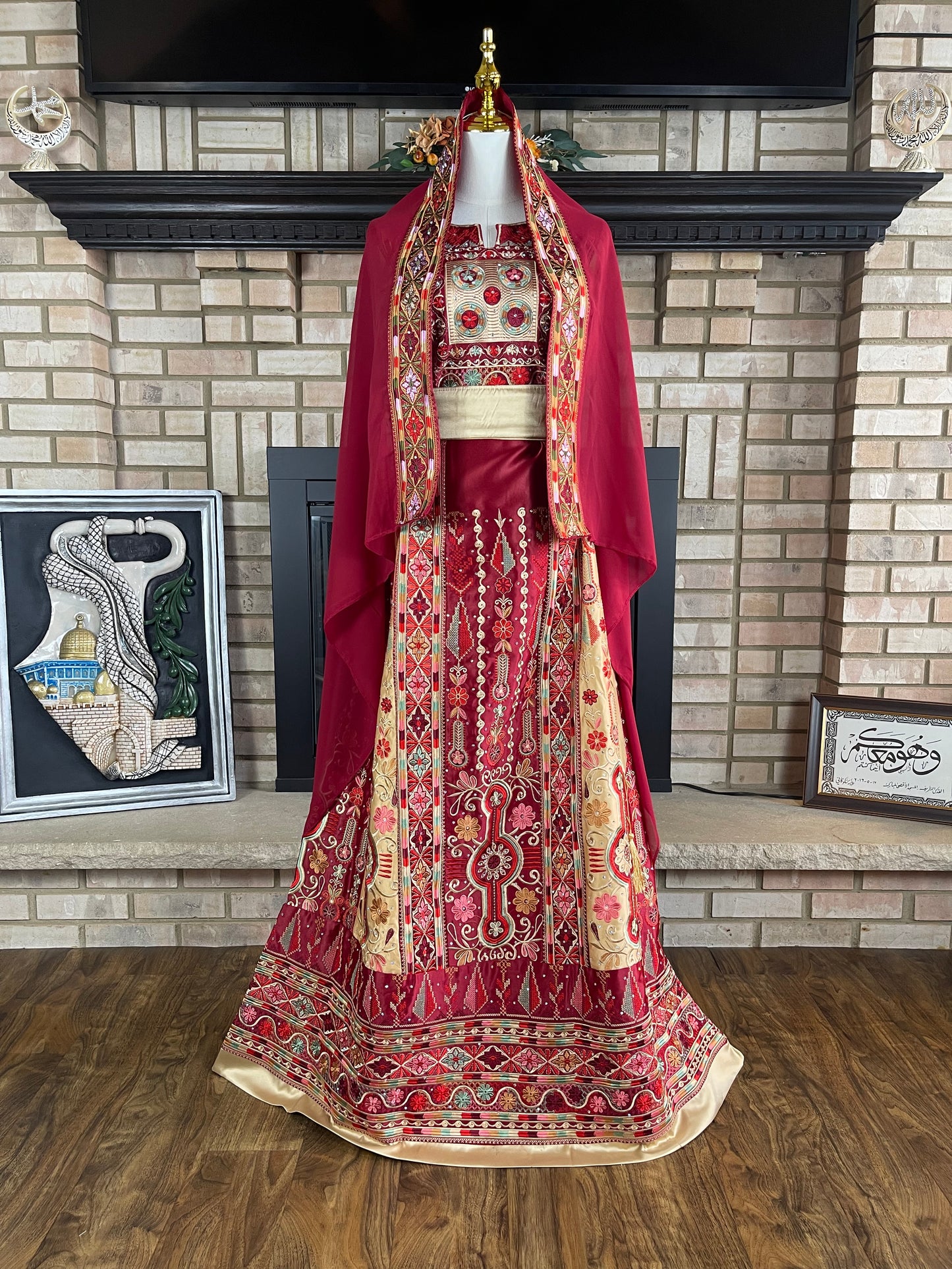 Maroon/Gold Bridal All-Satin Malaka Thobe