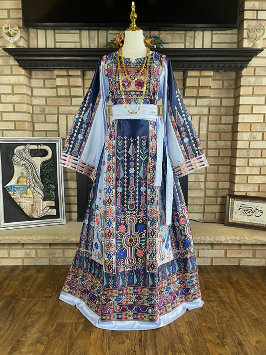 Navy/Baby Blue Bridal All-Satin Malaka Thobe
