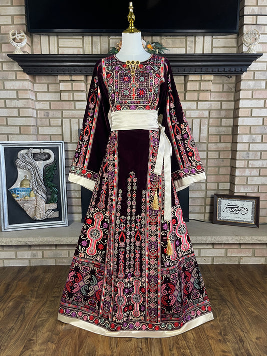 Burgundy All-Velvet Malaka Thobe