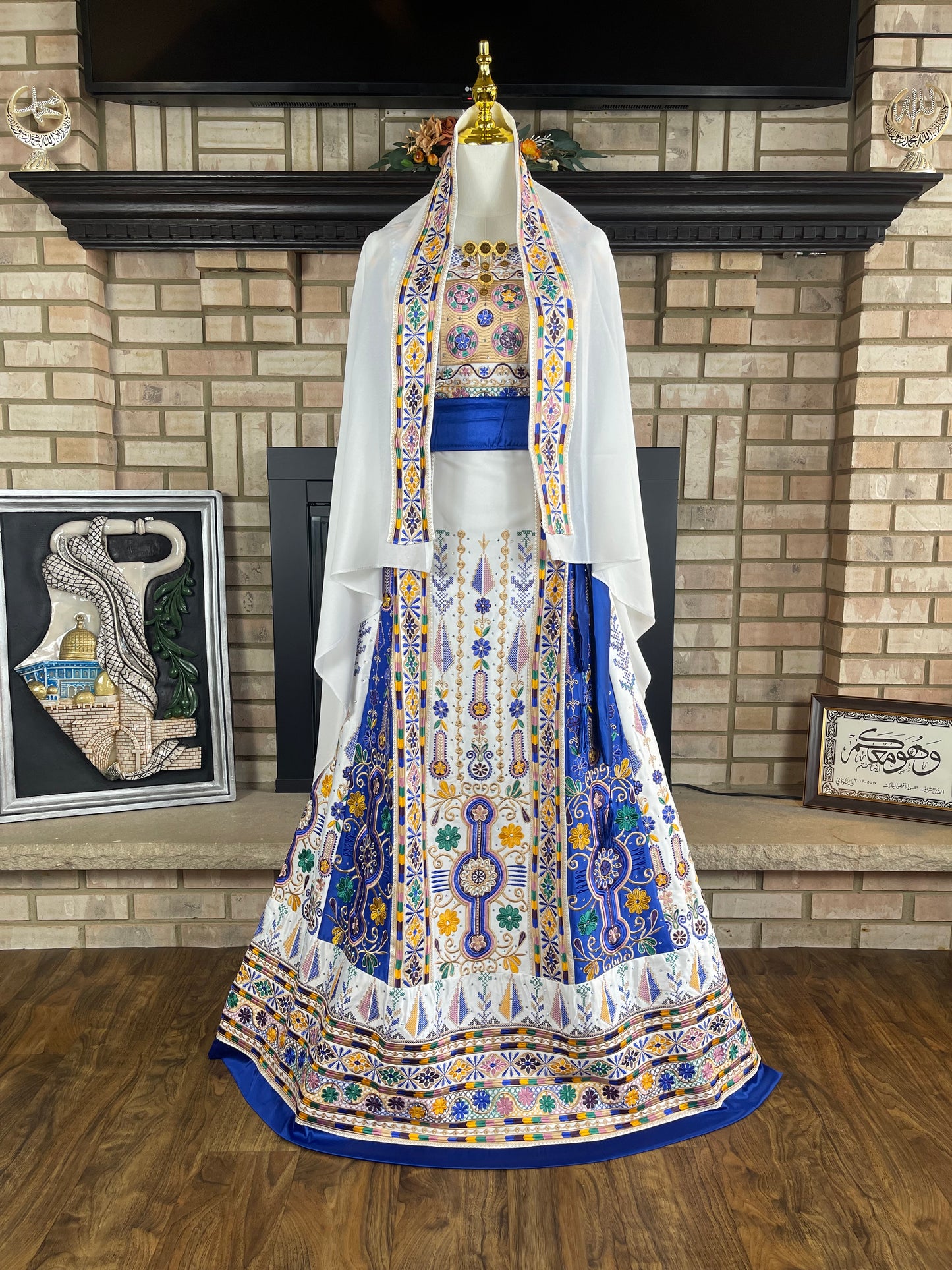 White/Blue Bridal All-Satin Malaka Thobe