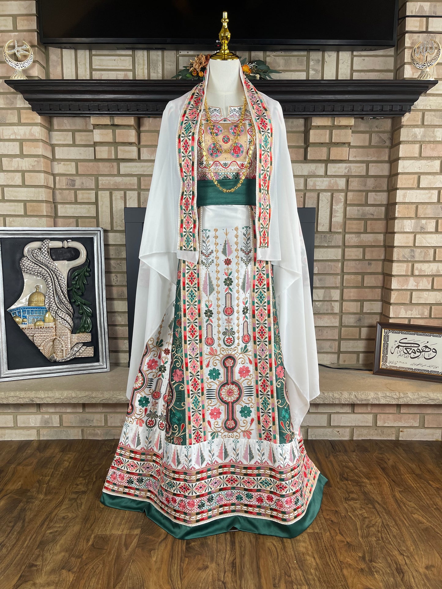 White/Green Bridal All-Satin Malaka Thobe