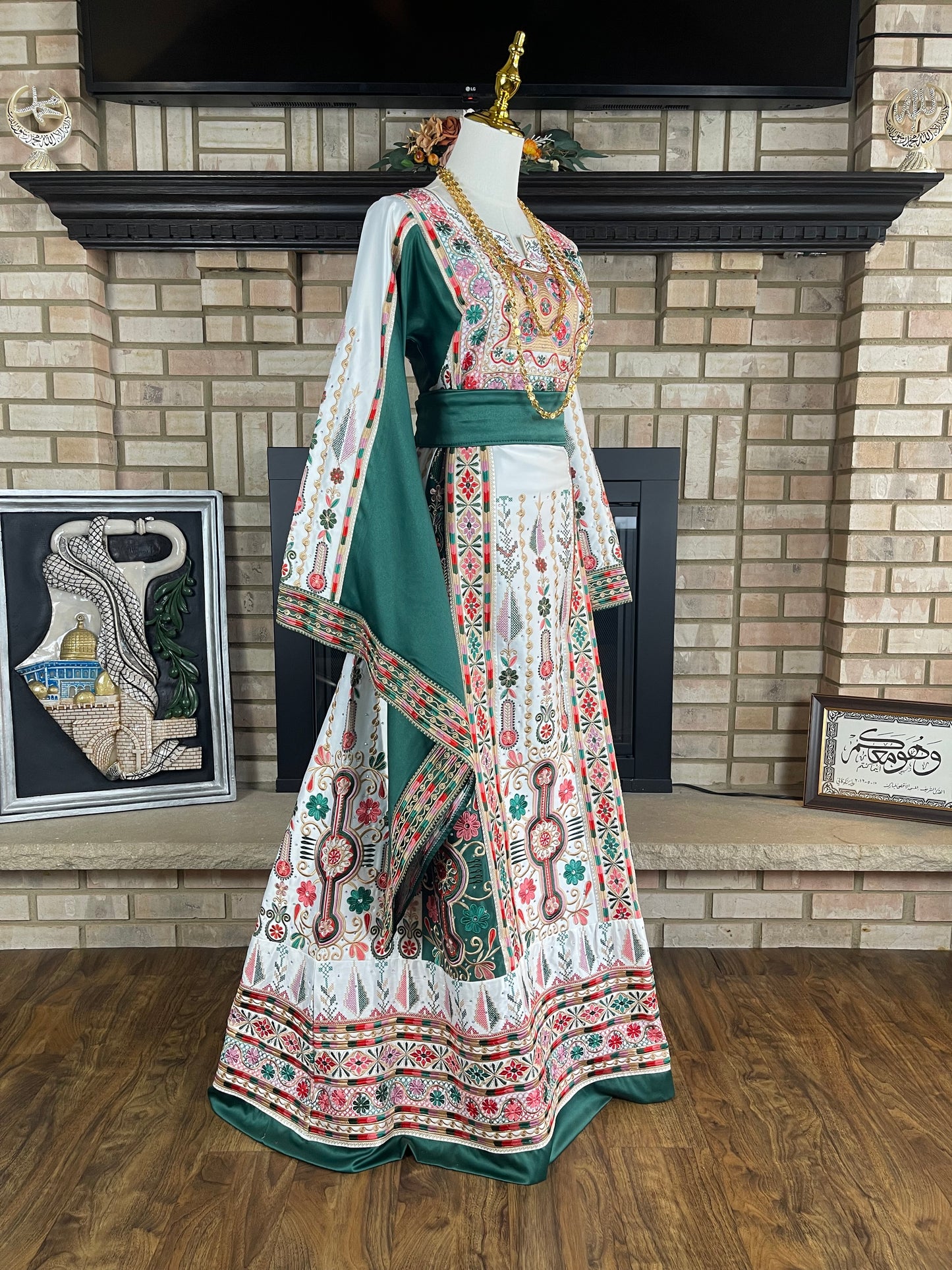 White/Green Bridal All-Satin Malaka Thobe