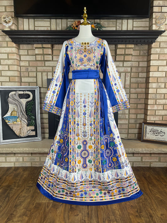 White/Blue Bridal All-Satin Malaka Thobe