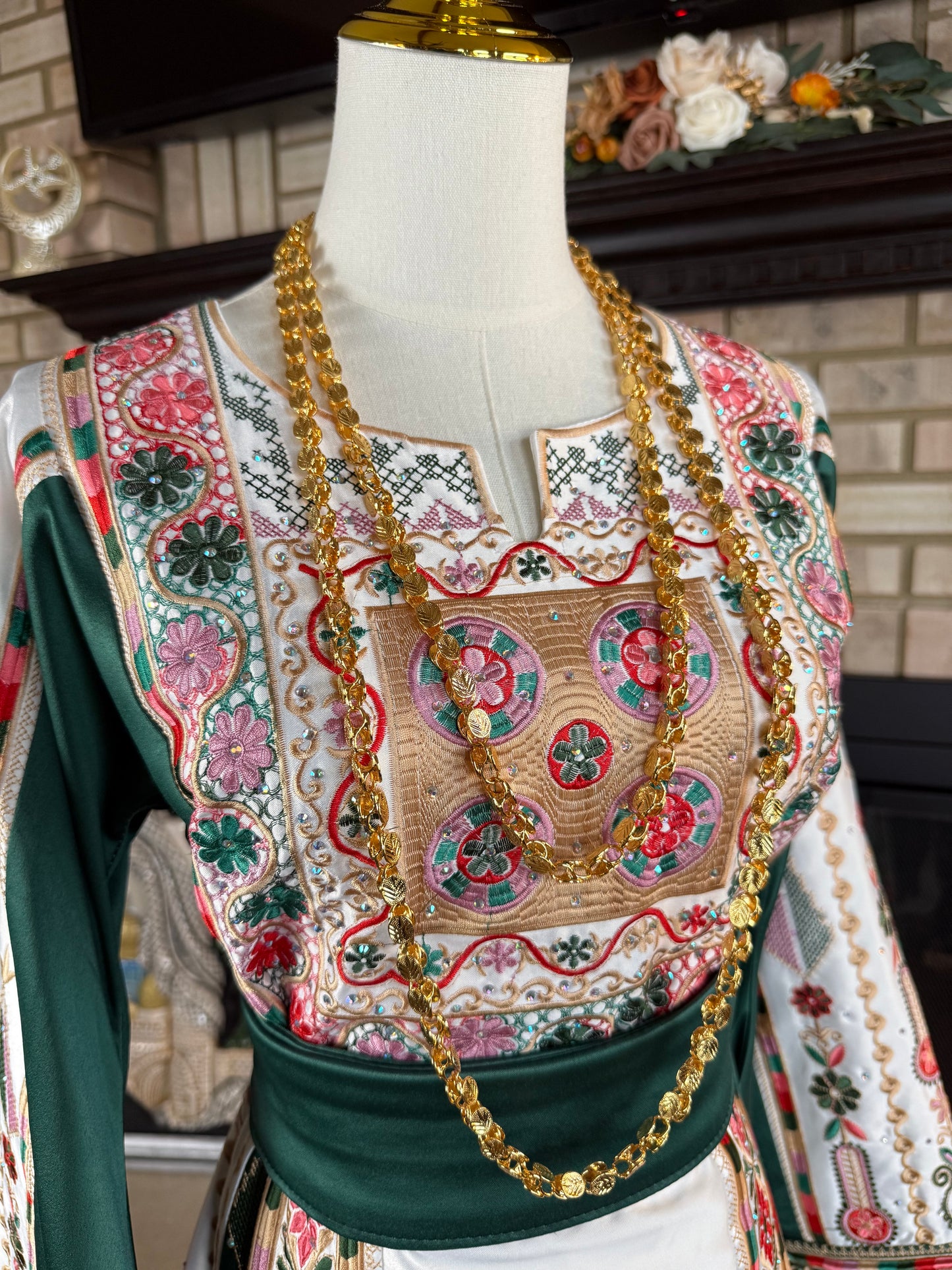 White/Green Bridal All-Satin Malaka Thobe