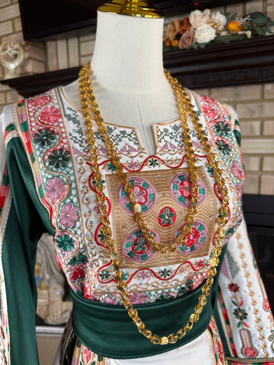White/Green Bridal All-Satin Malaka Thobe