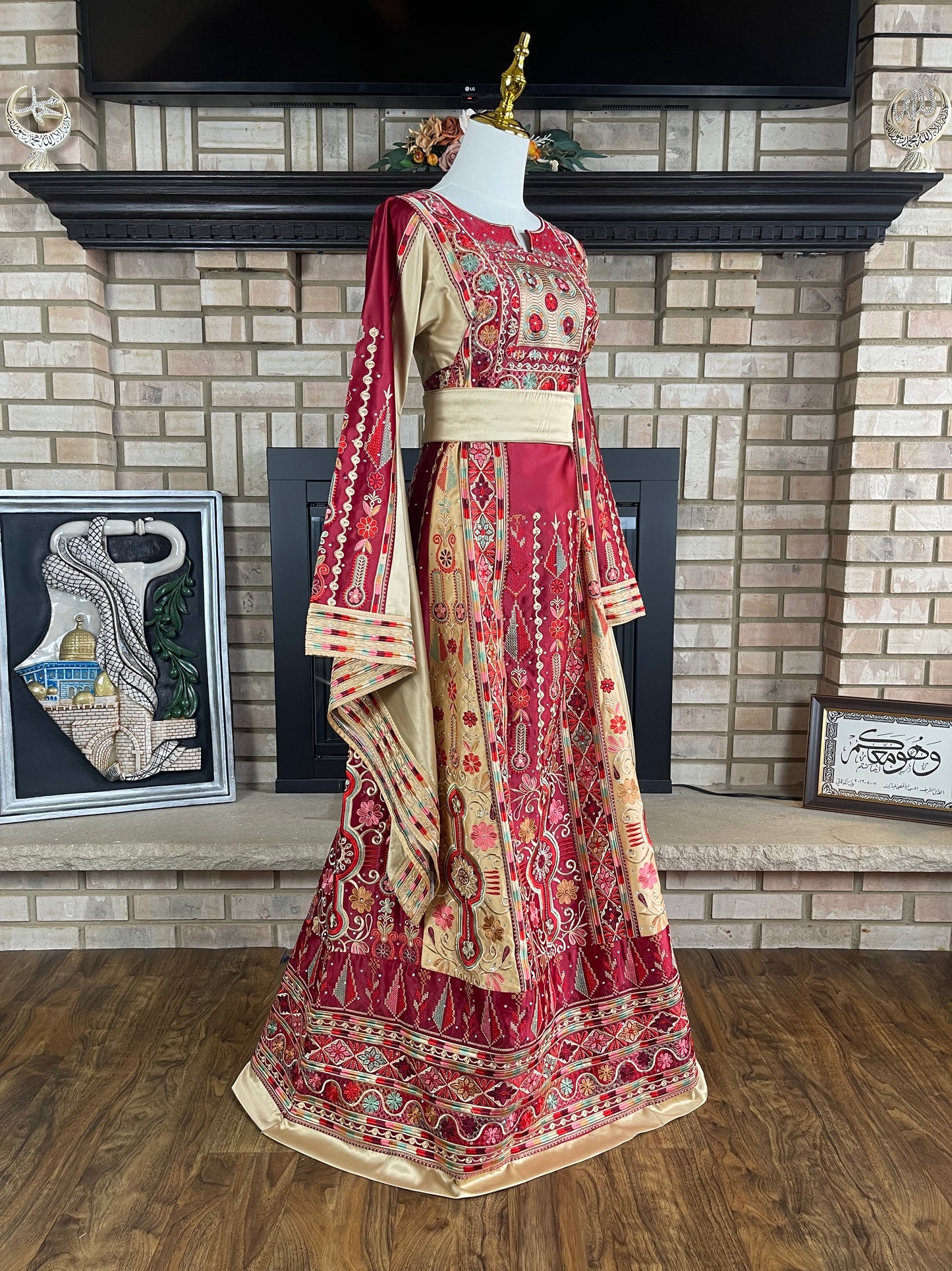 Maroon/Gold Bridal All-Satin Malaka Thobe