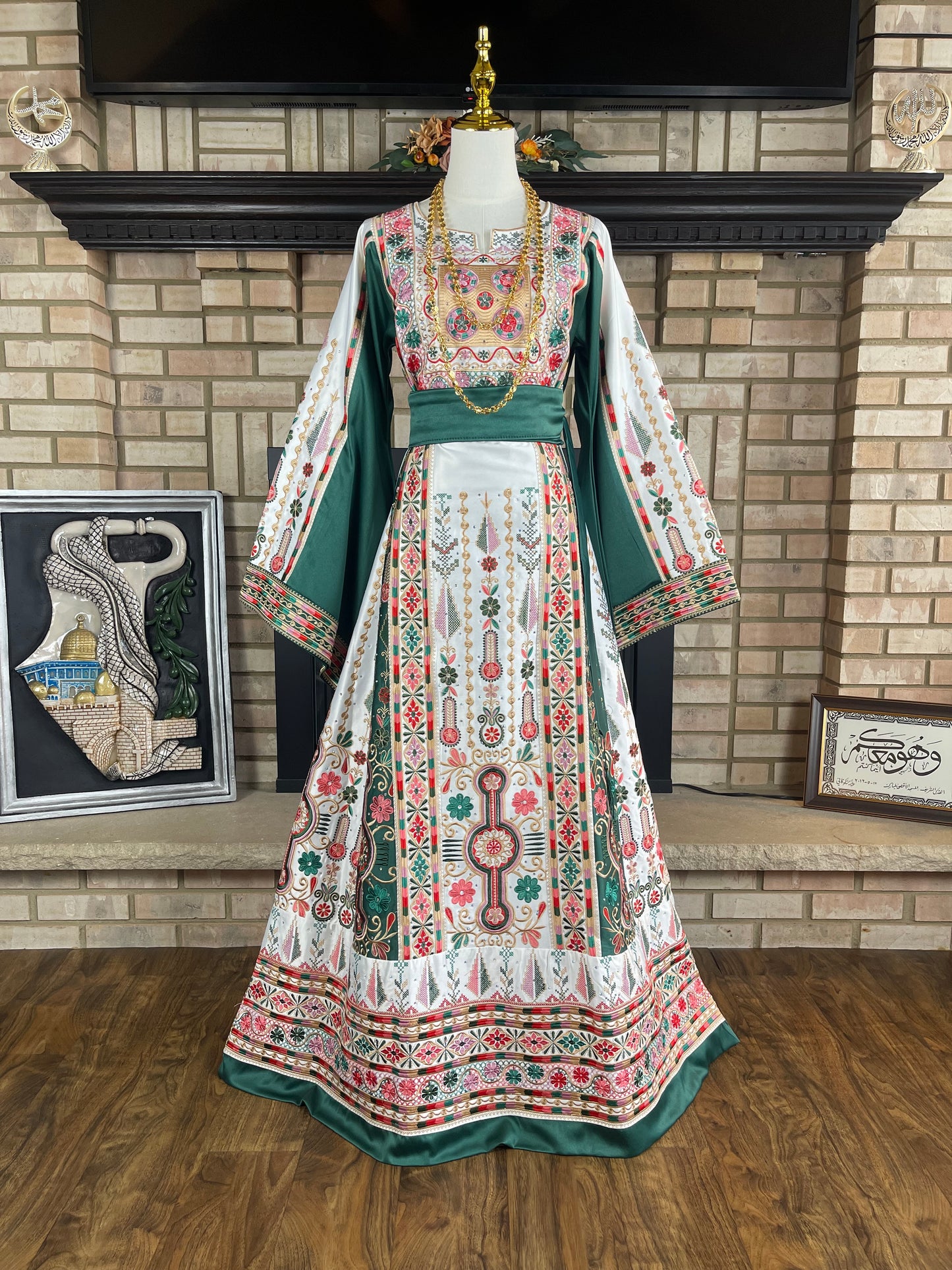 White/Green Bridal All-Satin Malaka Thobe