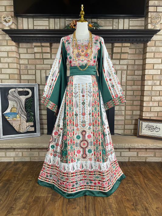 White/Green Bridal All-Satin Malaka Thobe