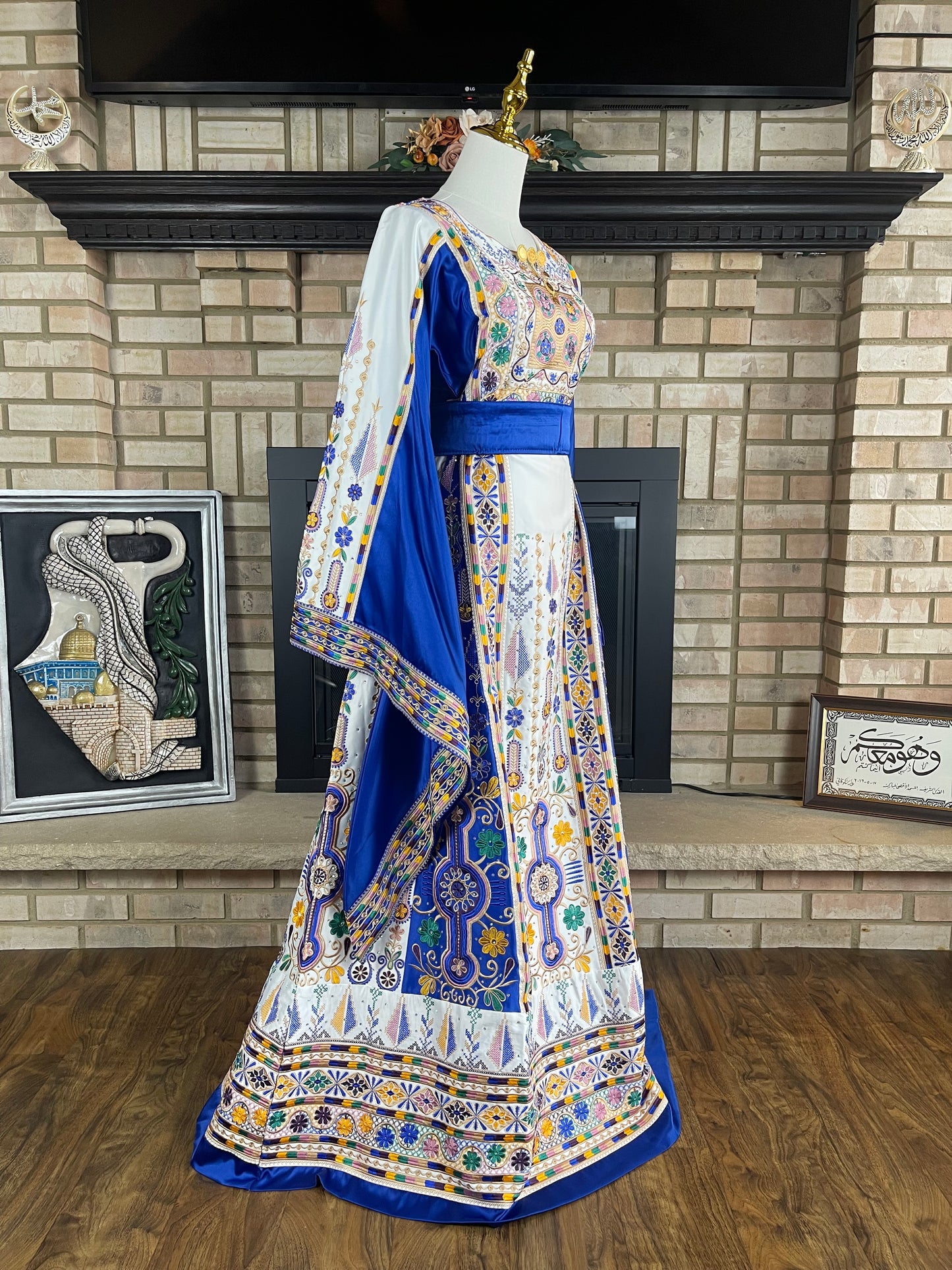 White/Blue Bridal All-Satin Malaka Thobe