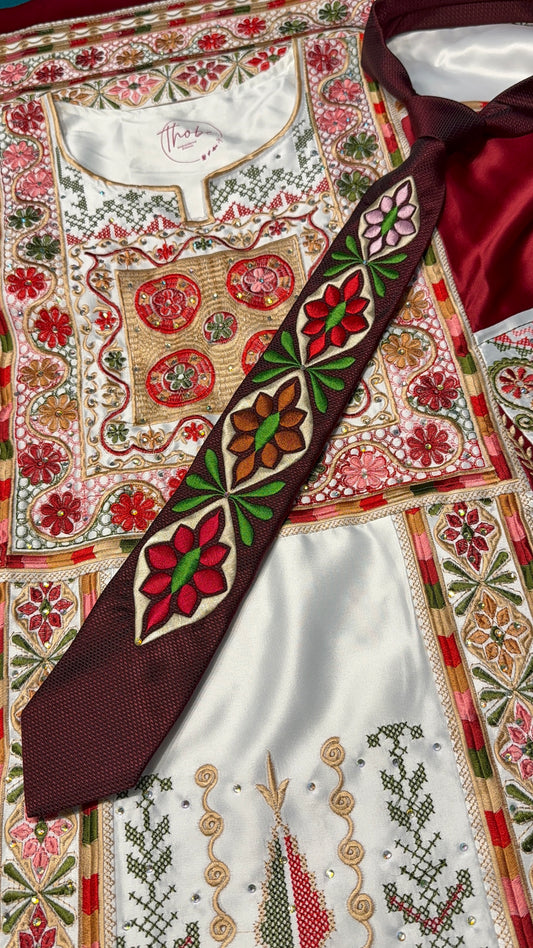 Burgundy Pattern Custom-made Tatreez Men's Tie