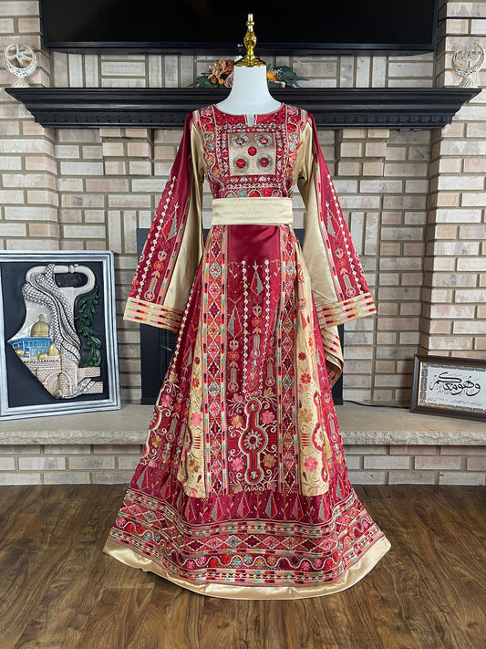 Maroon/Gold Bridal All-Satin Malaka Thobe