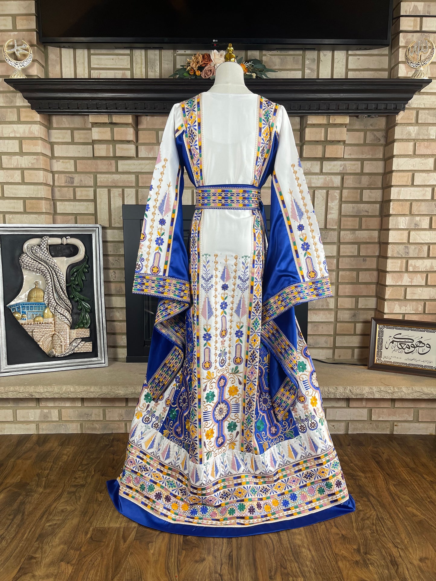 White/Blue Bridal All-Satin Malaka Thobe