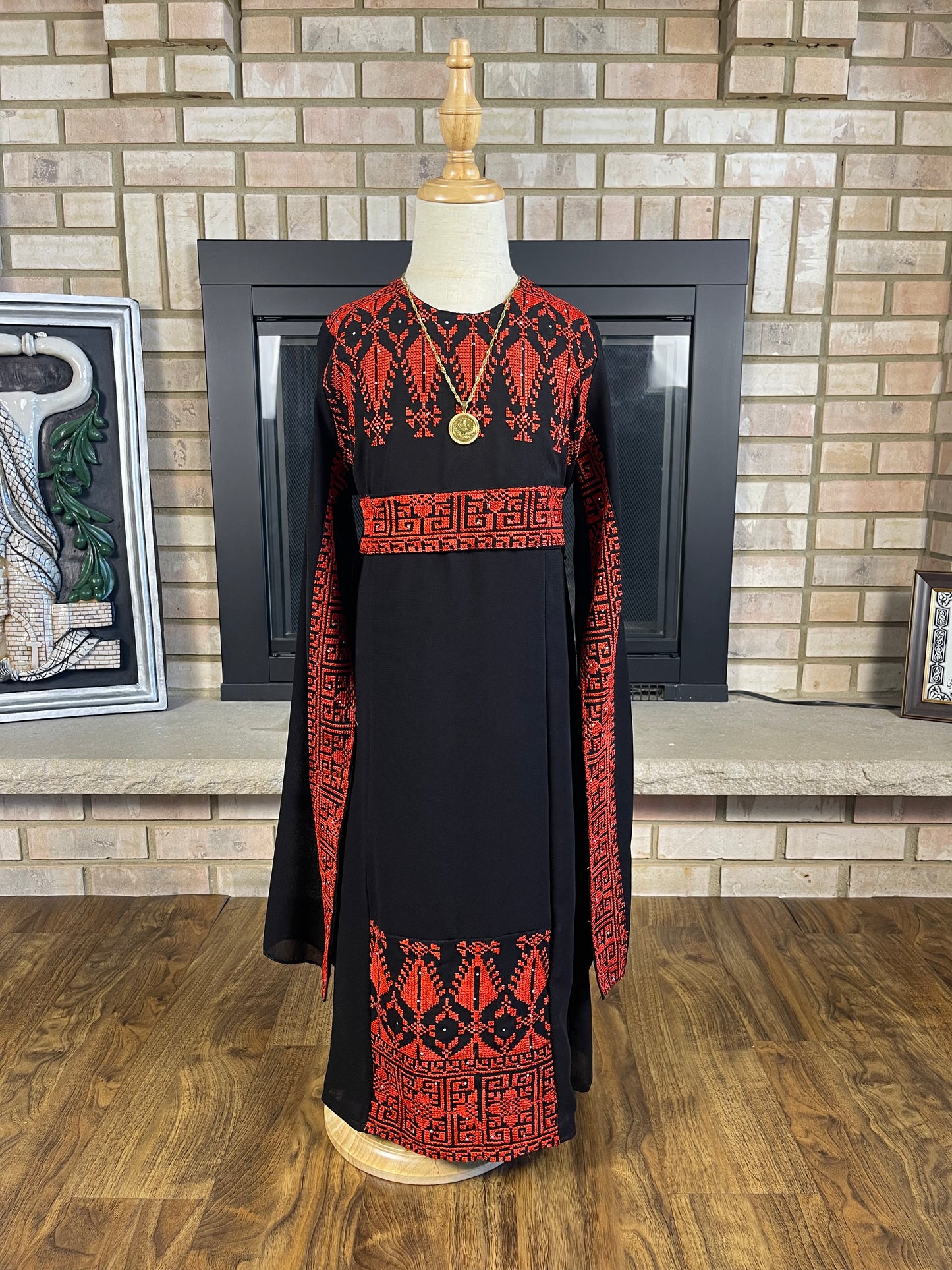 Kids Black/Red Long-Sleeve Embroidered Dress
