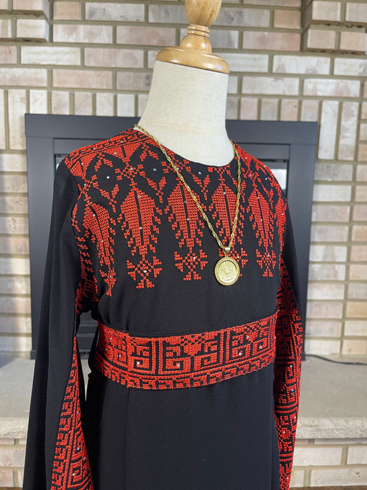 Kids Black/Red Long-Sleeve Embroidered Dress