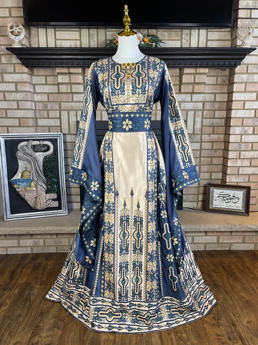 Cream/Navy Aghabani All-Satin Malaka Thobe