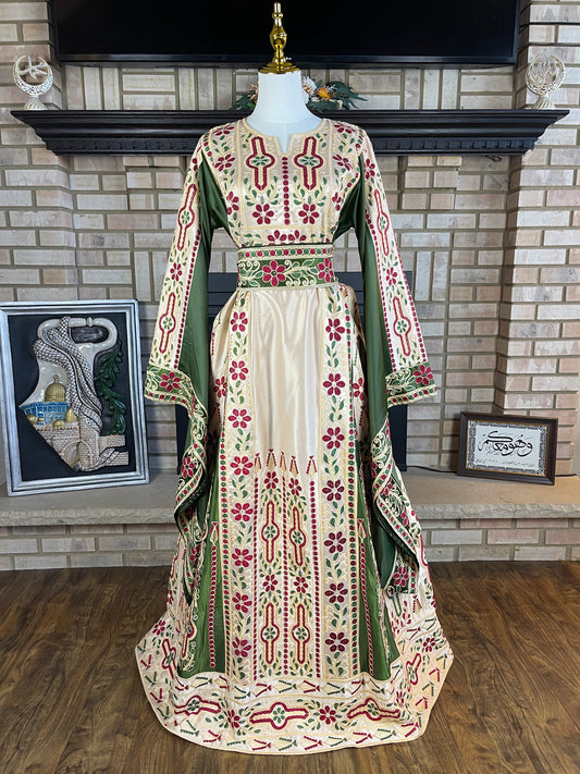 Cream/Green Aghabani All-Satin Malaka Thobe