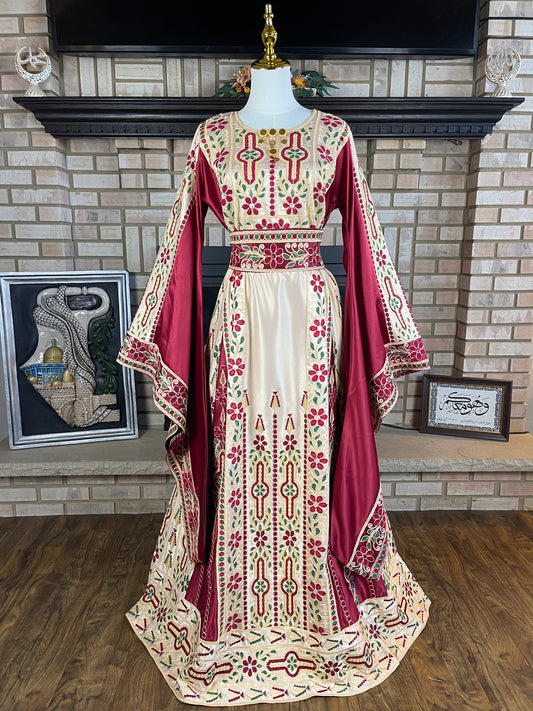 Cream/Maroon Aghabani All-Satin Malaka Thobe