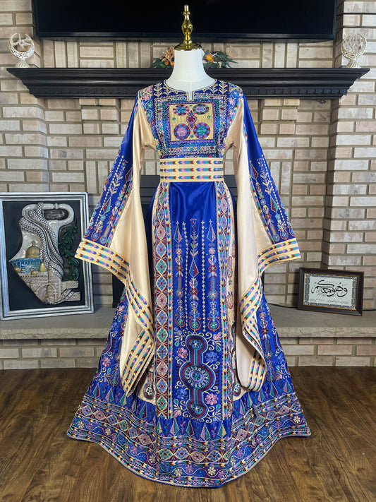 Blue/Gold Bridal All-Satin Malaka Thobe