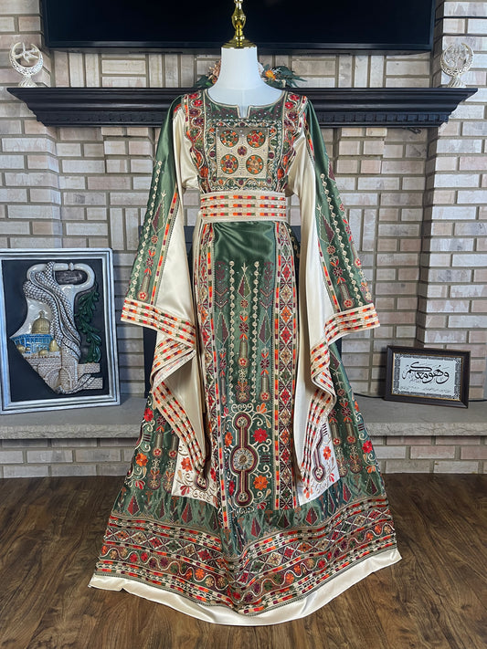 Green/Gold Bridal All-Satin Malaka Thobe