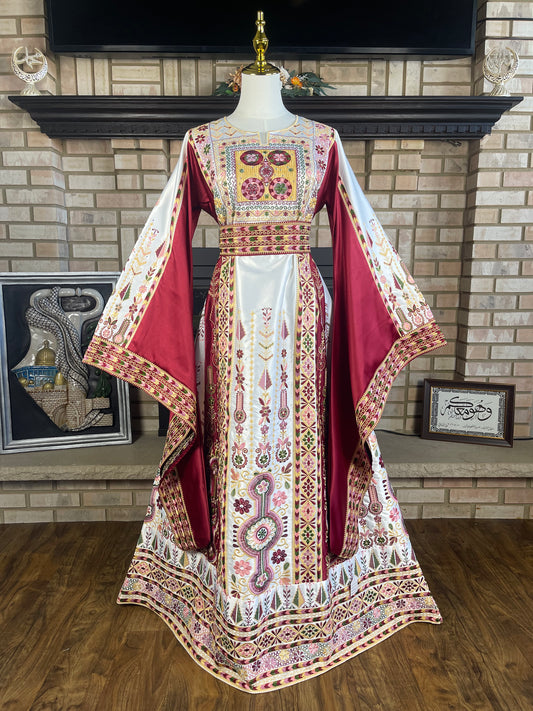 White/Red Bridal All-Satin Malaka Thobe