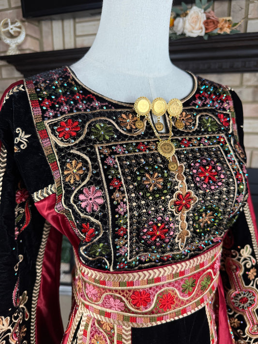 Black/Red Velvet & Satin Malaka Thobe