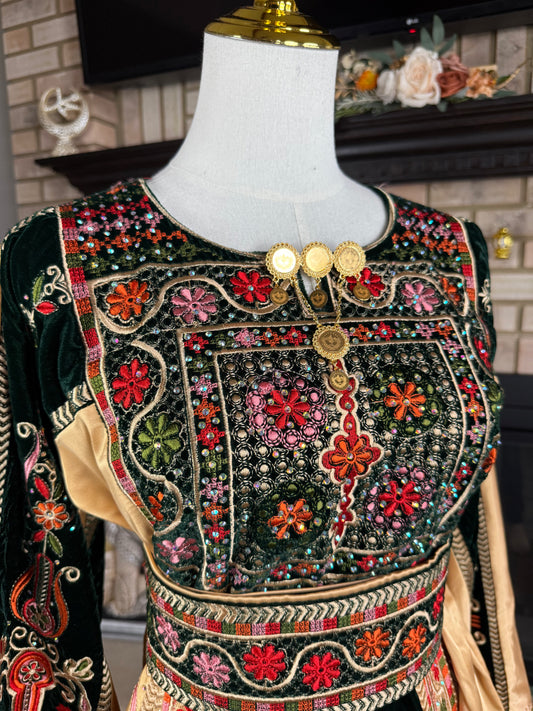 Deep Green/Gold Velvet & Satin Malaka Thobe