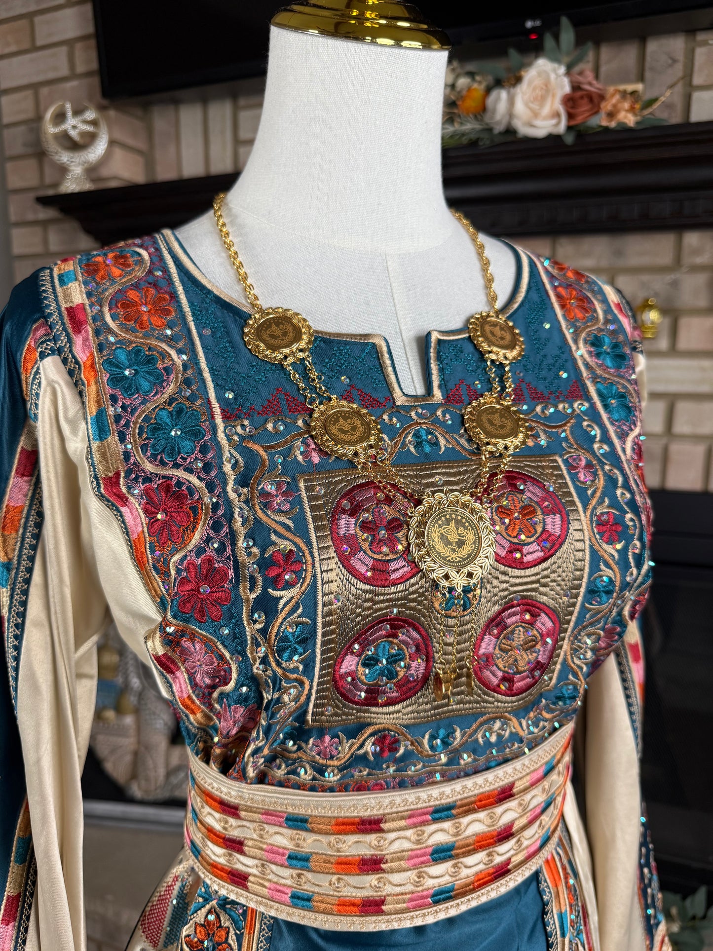 Turquoise/Gold Bridal All-Satin Malaka Thobe