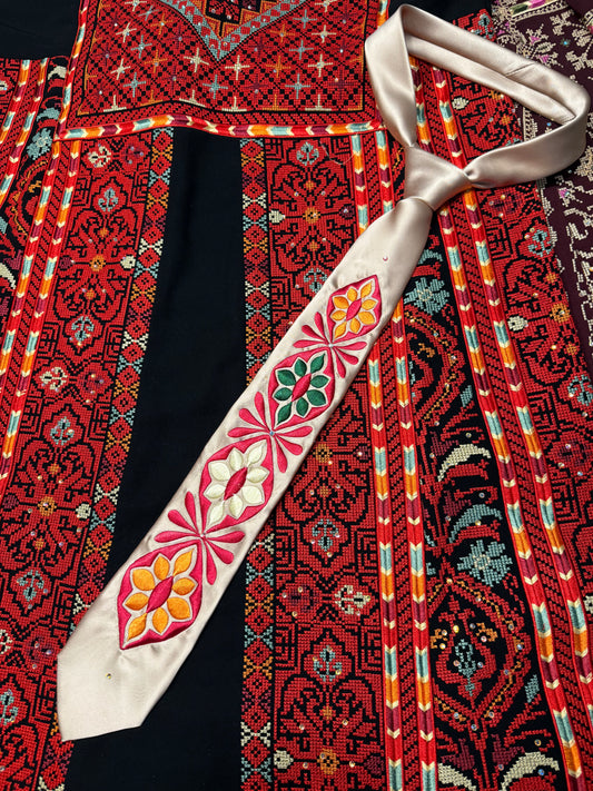 Cream Custom-made Tatreez Men's Tie