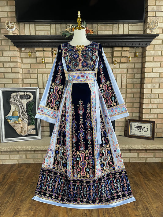 Rich Navy/Baby Blue Velvet & Satin Malaka Thobe