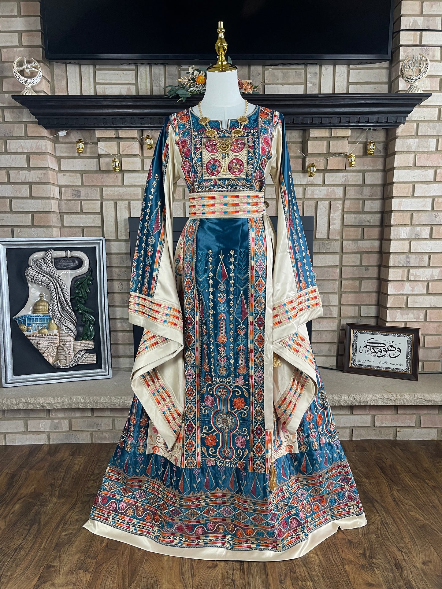 Turquoise/Gold Bridal All-Satin Malaka Thobe