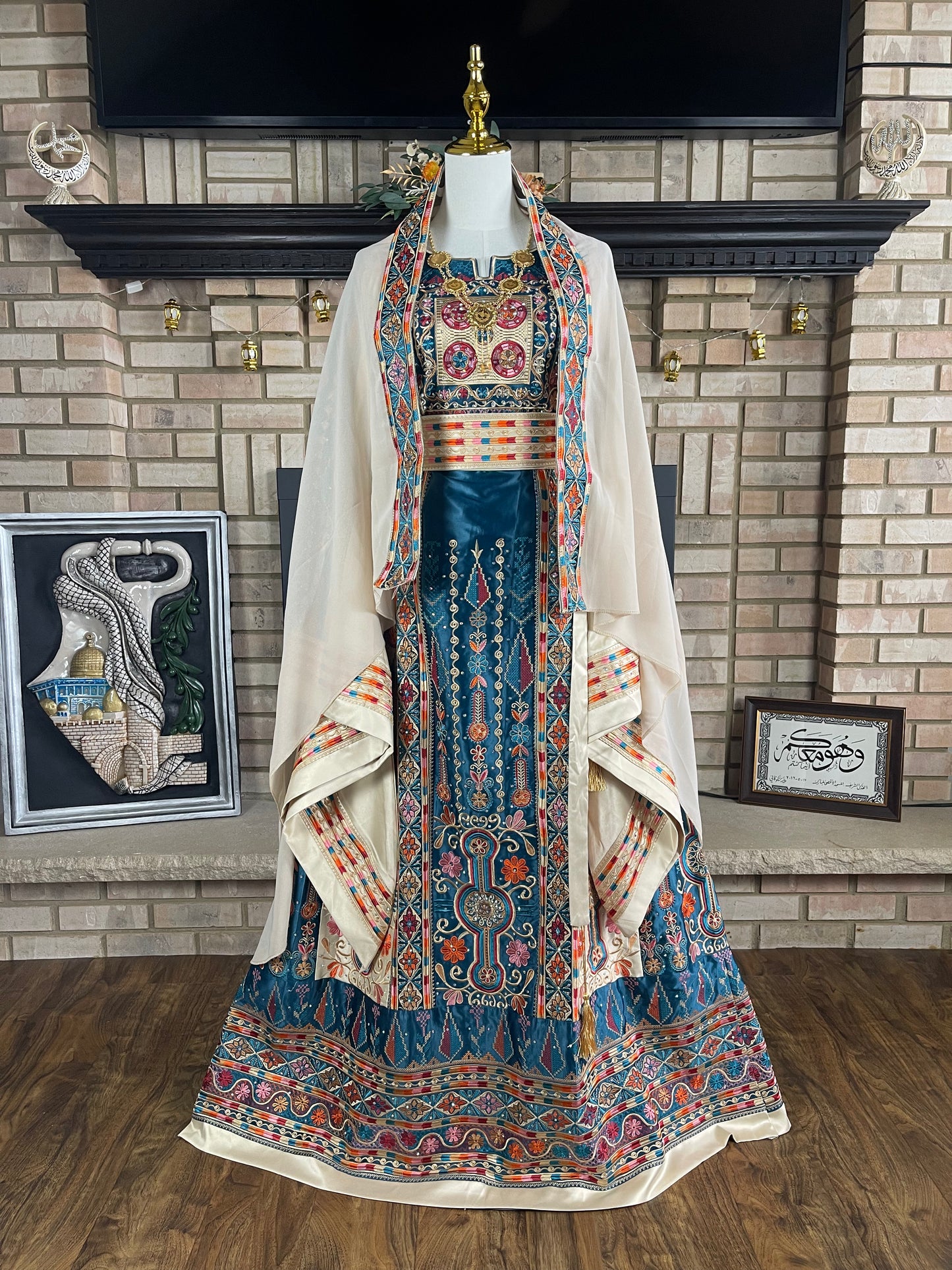 Turquoise/Gold Bridal All-Satin Malaka Thobe