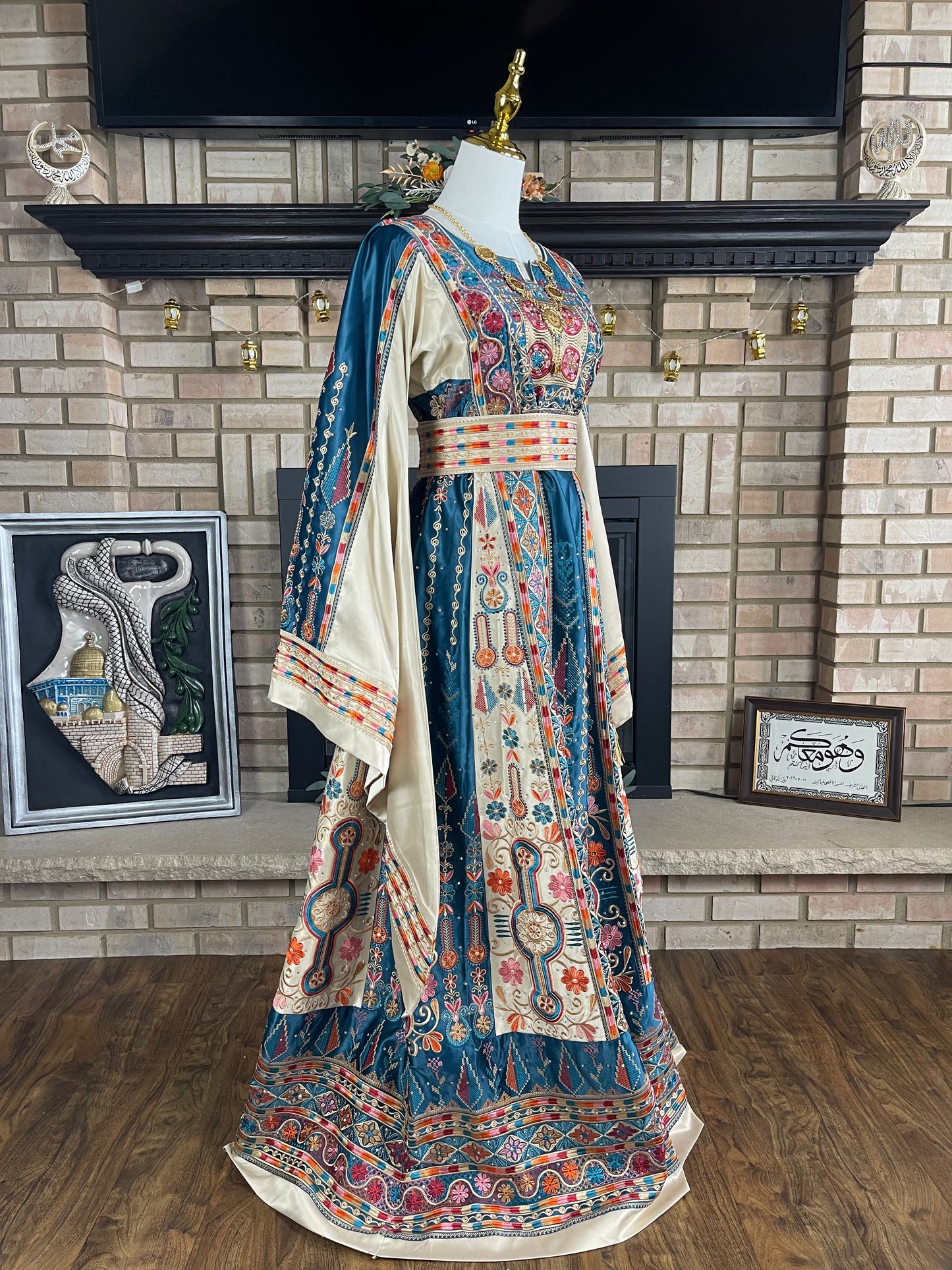 Turquoise/Gold Bridal All-Satin Malaka Thobe