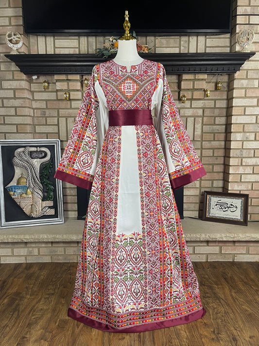 White/Burgundy Beit Lahia Thobe
