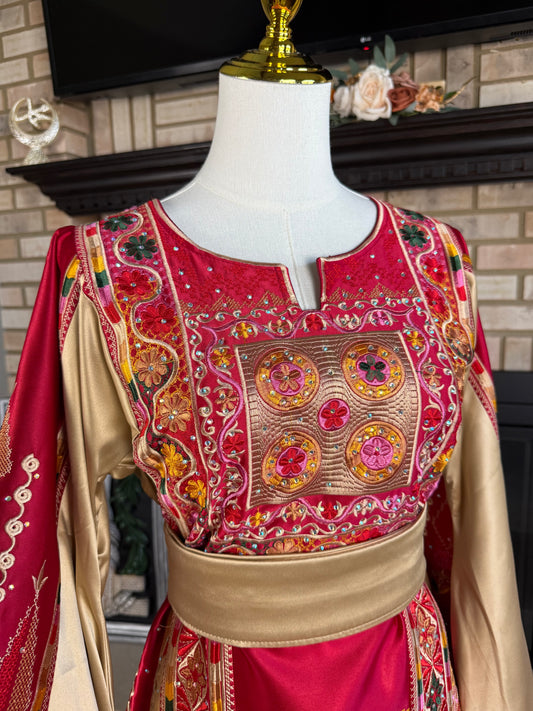 Red/Gold Bridal All-Satin Malaka Thobe