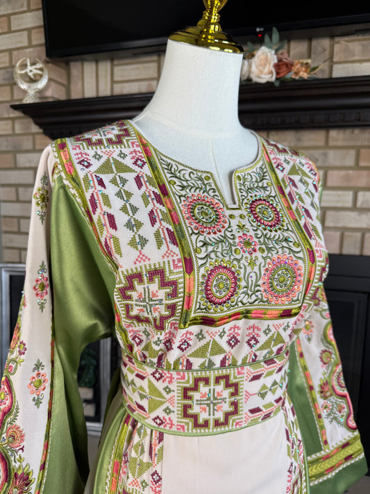 White/Green Satin Nuseirat Thobe