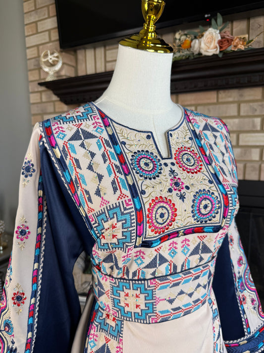 White/Blue Satin Nuseirat Thobe