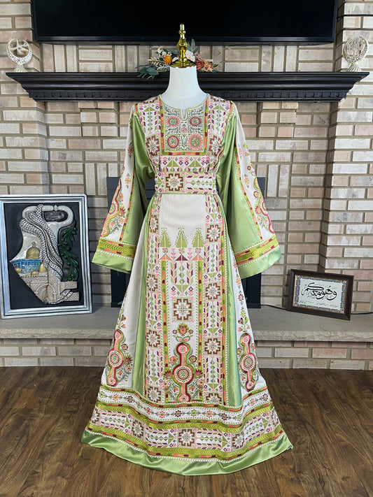 White/Green Satin Nuseirat Thobe