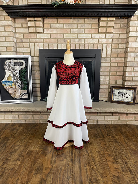 Kids White Layered Embroidered Dress