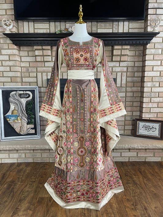 Brown/Gold Bridal All-Satin Malaka Thobe