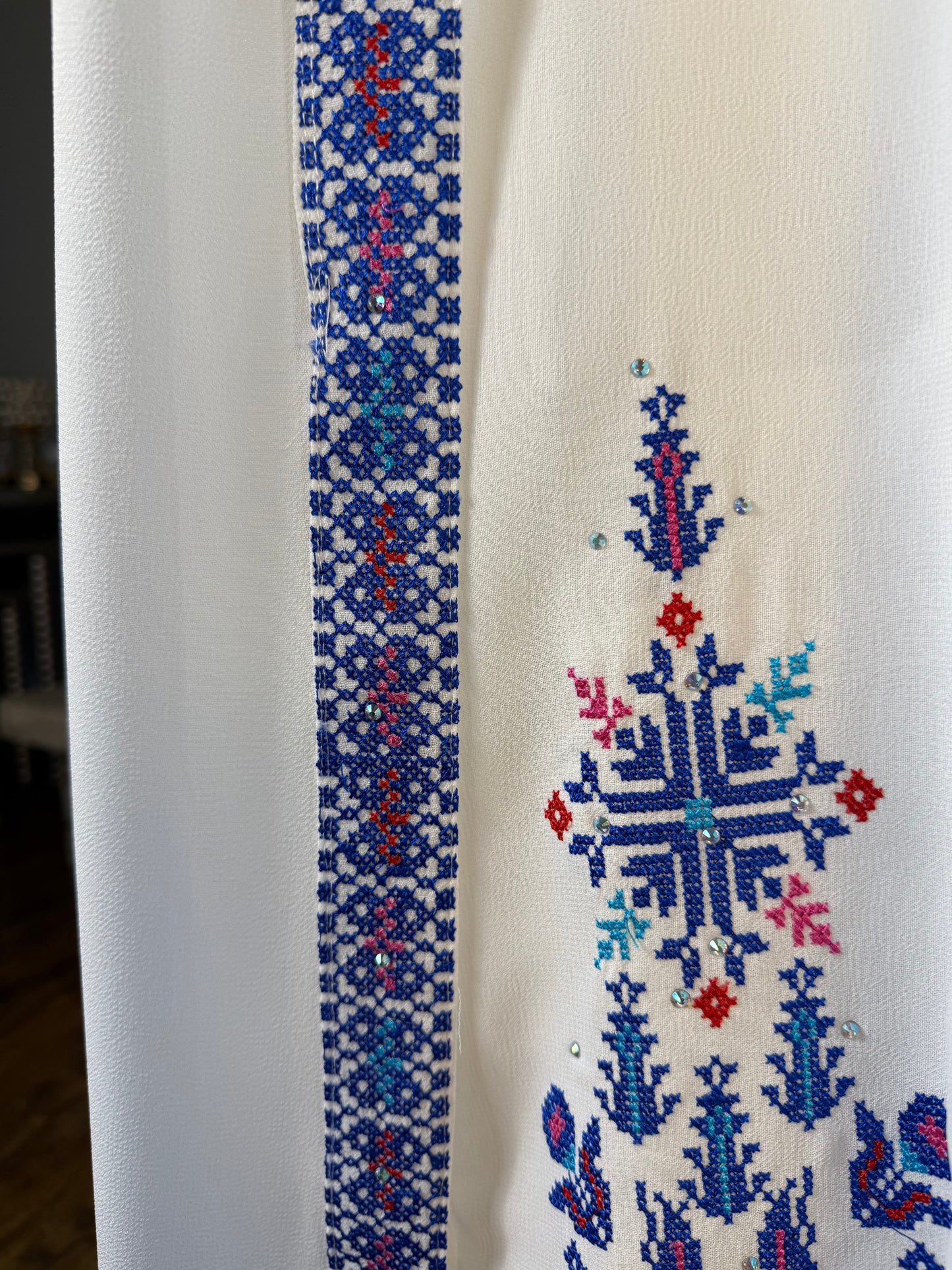 White/Blue Long-Sleeve Embroidered Dress