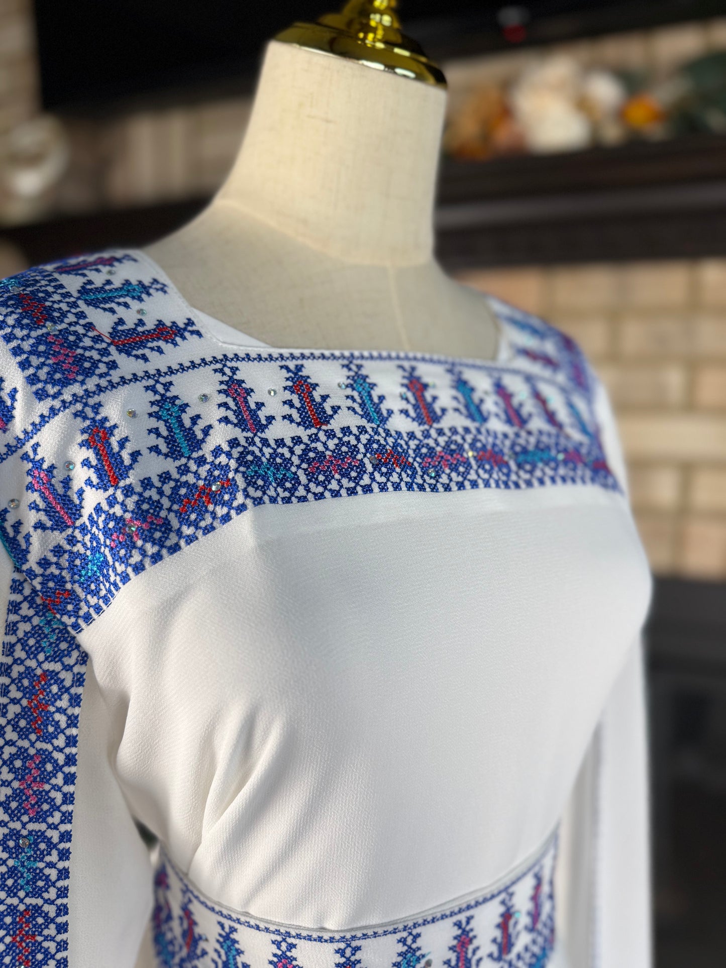 White/Blue Long-Sleeve Embroidered Dress