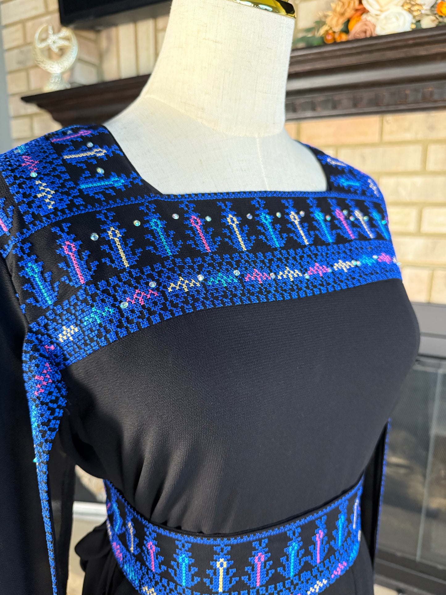 Black/Blue Long-Sleeve Embroidered Dress