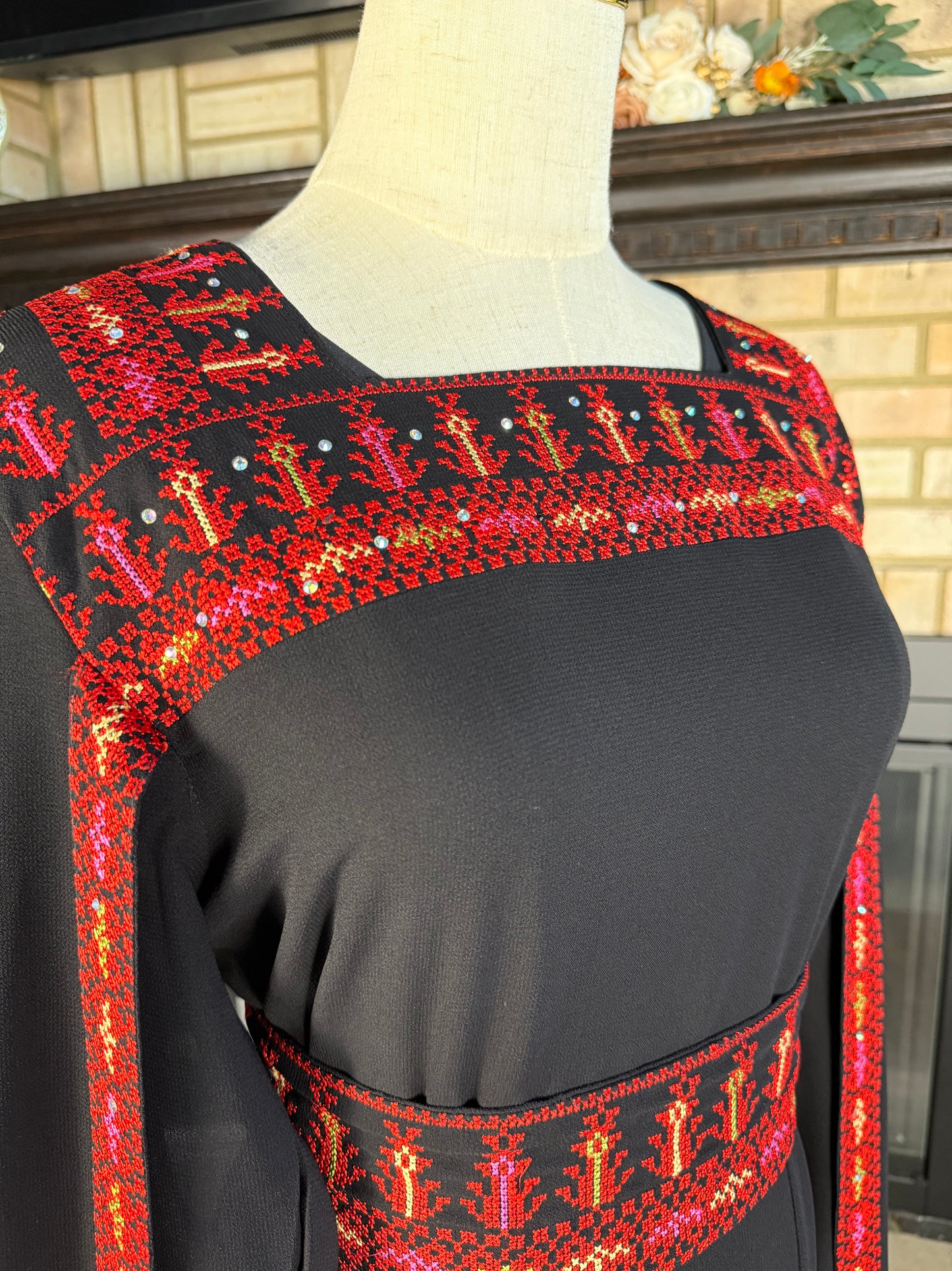 Black/Red Long-Sleeve Embroidered Dress