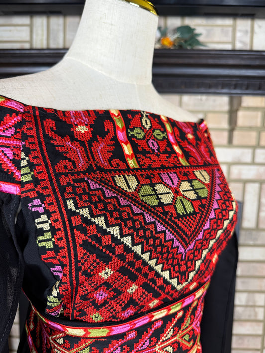 Black/Multicolor Red Off-Shoulder Embroidered Dress